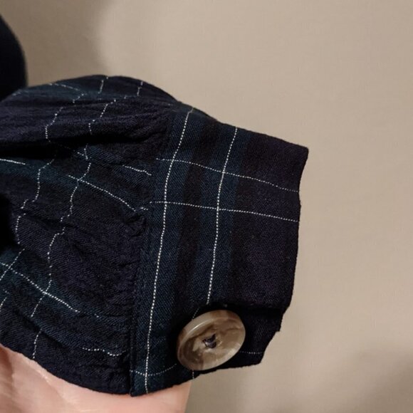 Zara Tartan Plaid Blue Green Balloon Sleeve Keyhole Back Top Academia - Picture 7 of 9